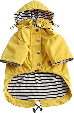 Morezi Dog Zip Up Raincoat with Reflective Buttons, Rain/Water Resistant, Adjustable Drawstring, Removable Hood, Raincoats with Legs 4kg to 36kg Available - Yellow - S