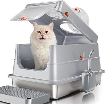 Stainless Steel Cat Litter Tray, Enclosed Cat Litter Box with Lid
