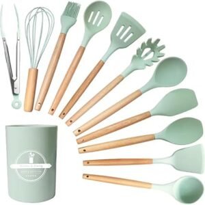 Kitchen Utensil Set, 12 PCS Silicone Cooking Utensils Set with Wooden Handle, Heat Resistant, Nonstick Cookware Tongs Spatula Spoon Set, Dishwasher Safe, Best Kitchen Tools (Green)