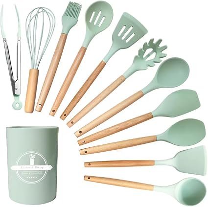Kitchen Utensil Set, 12 PCS Silicone Cooking Utensils Set with Wooden Handle, Heat Resistant, Nonstick Cookware Tongs Spatula Spoon Set, Dishwasher Safe, Best Kitchen Tools (Green)