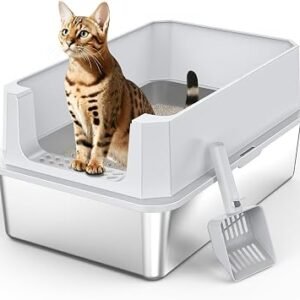 MIXJOY XL Stainless Steel Cat Litter Tray 58x38x28 cm, Silver