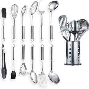 Berglander Stainless Steel Kitchen Utensil 12 Piece with 1 Stand, Cooking Spoon, Kitchen Tools Cooking Utensil with Holder. (13 Pieces)