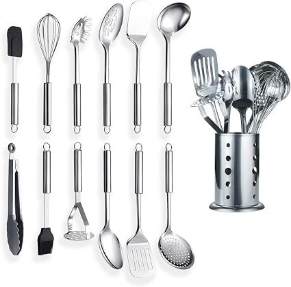 Berglander Stainless Steel Kitchen Utensil 12 Piece with 1 Stand, Cooking Spoon, Kitchen Tools Cooking Utensil with Holder. (13 Pieces)