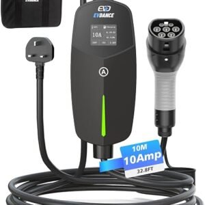 EVDANCE EV Charger 3 Pin Plug for EV & PHEV | 32.8ft/10m [6/8/10A], IP66 Type 2 Portable Electric Car Charger for Home & Travel, Black