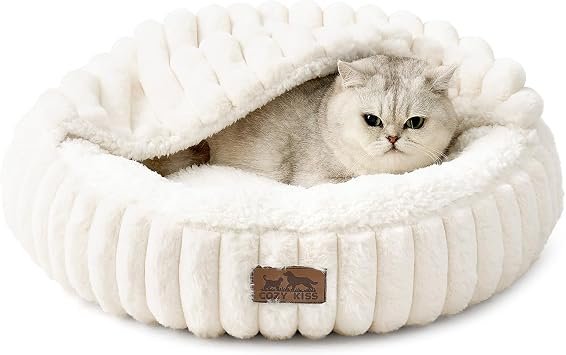 COZY KISS Cat Bed with Blanket for Kitten Cat, 50cm Donut Small Cave, Cream