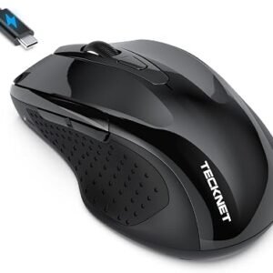 TECKNET Bluetooth Mouse Jiggler, Rechargeable Wireless Mouse (BT 5.0/3.0+2.4G) with Build-in Jiggler Mover Keeps Computer Awake, 4800 DPI Silent Ergonomic 6 Buttons Mouse for Laptop, Black