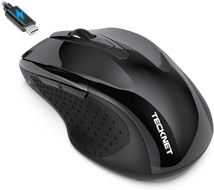 TECKNET Bluetooth Mouse Jiggler, Rechargeable Wireless Mouse (BT 5.0/3.0+2.4G) with Build-in Jiggler Mover Keeps Computer Awake, 4800 DPI Silent Ergonomic 6 Buttons Mouse for Laptop, Black