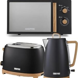 GEEPAS Kitchen Set NordiQ Design | Matte Finish with Wood Accents (Black, Kettle, 2 Slice Toaster & Microwave Set)