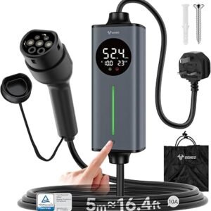 GONEO Portable EV Charger 5M, 3-Pin UK Plug to Type 2 | Temperature Monitor,AC 30mA+DC 6mA Leakage & Earth Protection | 10A 2.3kW Electric Car Charging Cable for Home/Travel,Adjustable Current & Timer