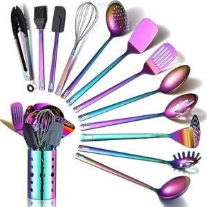 Rainbow Kitchen Utensils Set,13 Pieces Stainless Steel Cooking Utensils Set with Titanium Rainbow Plating,Kitchen Tools Set with Utensil Holder for Non-Stick Cookware Dishwasher Safe (13 Packs)