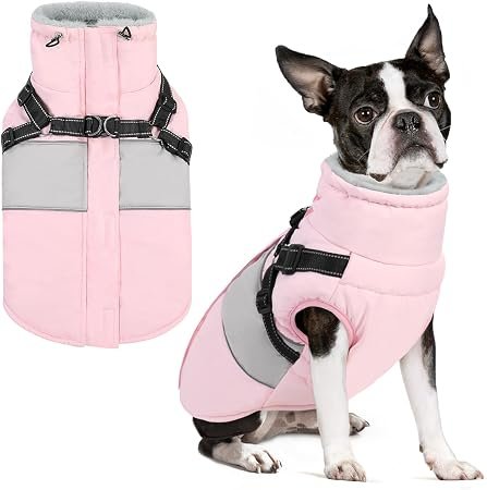 AOFITEE Small Dog Coat Warm Dog Winter Coat Jacket with Harness Built in | Waterproof Dog Jackets with Zipper & Furry Collar, Reflective Pet Snow Jacket...