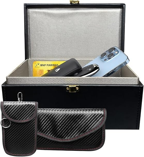 Faraday Box for Car Keys,Pouch 2 Pack Keyless Signal Blocking Anti-Theft Key Protector Signal Blocking Box Keyless Entry Car Key Safe Protector car key signal blocker box (large box with 2 Pouches)