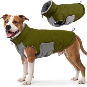 Lelepet Dog Coat, Winter Fleece Lined Jacket for Dogs, Army Green XL | Adjustable Belly Strap & Hem Drawstring, Zipped Foldable Collar, Water-Resistant...