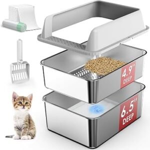 Stainless Steel Litter Box with Lid, Sifting Litter Box for Pine Pellets, 17.3??13.4 ??12? Enclosed Metal Litter Boxes for Small Cats & Kittens, High Sided Anti-Leakage, Easy Cleaning, Less Tracking