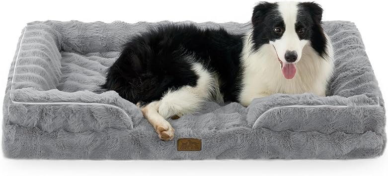 COZY KISS Faux Fur Orthopedic Extra Large Dog Bed, XL 112x81x18 cm, Grey