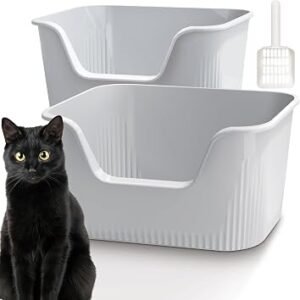 Vealind Cat Litter Tray High Sided with Side Entry 2 PCS Cat Litter Box with Litter Scoop 100% Leak Proof Anti Splash Deep Kitten Litter Tray