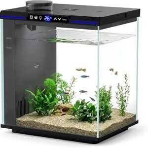 AQQA 30L Aquarium Starter Kit,Glass Fish Tank 3-Stage Filtration | Real-Time Temp Monitor,4-Color Timed LED Light,Quiet Pump, Self Cleaning Desktop Tank for...