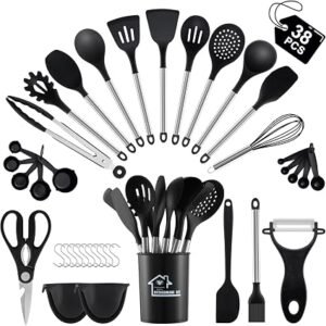38 Pieces Kitchen Utensils Set, BEWOS Silicone Cooking Utensils Set with Spatula, Utensil Holder and Measuring Spoons, Nonstick Heat Resistant, Black Kitchen Gadgets, Stainless Steel Handle