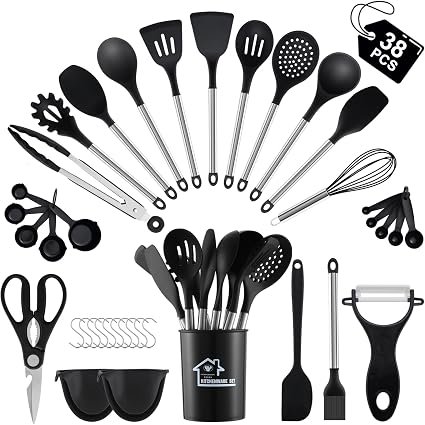 38 Pieces Kitchen Utensils Set, BEWOS Silicone Cooking Utensils Set with Spatula, Utensil Holder and Measuring Spoons, Nonstick Heat Resistant, Black Kitchen Gadgets, Stainless Steel Handle