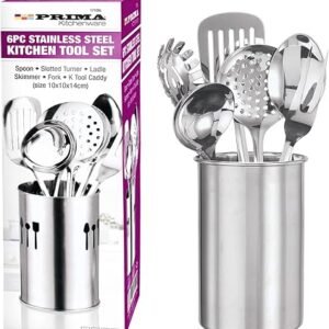 6 x Silver Stainless Steel Kitchen Cooking Tool Set Caddy Non-Stick Kitchenware Cookware Prima Utensils Cutlery Heat Resistant Home Chef, Ladle, Skimmer, Spoon, Slotted Turner, Fork UK Free P&P