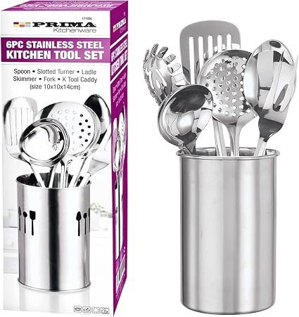6 x Silver Stainless Steel Kitchen Cooking Tool Set Caddy Non-Stick Kitchenware Cookware Prima Utensils Cutlery Heat Resistant Home Chef, Ladle, Skimmer, Spoon, Slotted Turner, Fork UK Free P&P