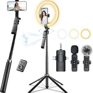 Vlogging Kit with 2 Mics and 10" Ring Light, 71” Tracking Tripod for iPhone | Phone Camera Tripod Stand with Remote for TikTok, Content Creator...