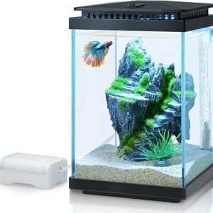 Mini Glass Fish Tank, 4 Litres Desktop Fish Tanks, Betta Fish Tank, Mini Aquarium Starter Kit with Air Pump LED Light Decoration Water Changer Fish Net (Black)
