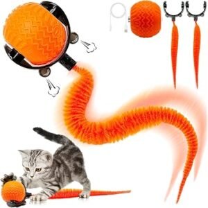 Interactive Cat Toy Ball for Indoor Cats Moving Cat Ball with 2 Feather Tail Attachments 3 Speed Modes Slow Fast Interactive Modes Rechargeable Kitten Toy for Bored Cats Orange