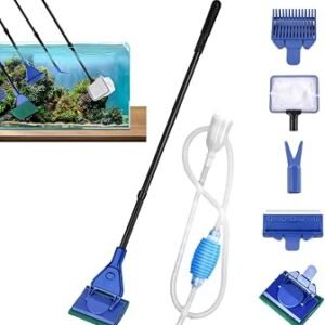 5 in 1 Fish Tank Cleaner Kit, Aquarium Cleaning Kit Fish Tank Cleaning Kit with Aquarium Syphon, Fish Tank Scraper, Spoon Net, Gravel Cleaner, Sponge, Plant Fork for Domestic Fish Tank Maintenance