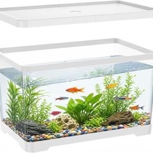 2 Gallon Plastic Fish Tank with Drain Hole - 30x19x17cm Shatterproof Small Rectangular Aquarium for Betta Fish & Guppies - Clear Desktop Terrarium Bowl for Home Office(White)