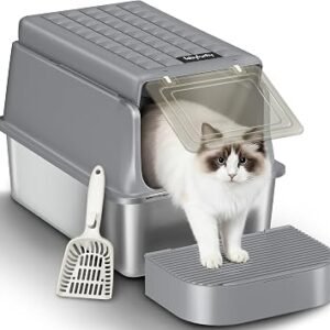 Stainless Steel Cat Litter Tray with Flip Lid, XXL, Dark Grey