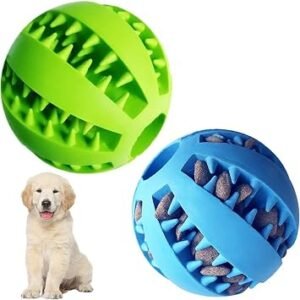 2 Pack Interactive Dog Toys for Treat Dispensing Squeaky Teething Chew Balls Dog Treat Ball for Small Dogs, Clean Teeth & Training (Blue + Green)
