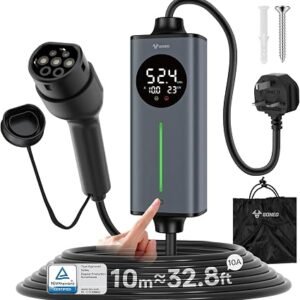 GONEO 10M 3 Pin EV Charger Type 2 UK Plug | Electric Car Charger Cable 10A 2.3kW | Temperature Monitoring,AC 30mA+DC 6mA Leakage & Earth Fault Protection | Adjustable Current & Timer for Home Charging