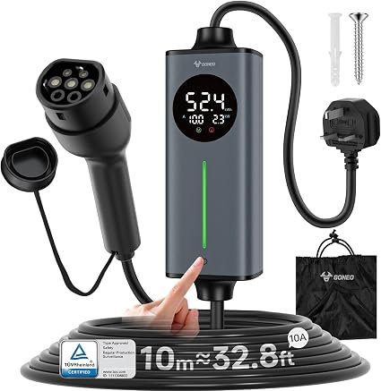 GONEO 10M 3 Pin EV Charger Type 2 UK Plug | Electric Car Charger Cable 10A 2.3kW | Temperature Monitoring,AC 30mA+DC 6mA Leakage & Earth Fault Protection | Adjustable Current & Timer for Home Charging