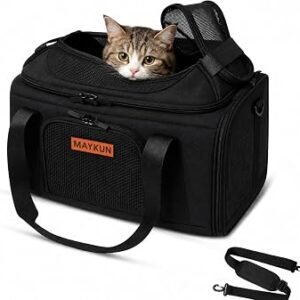 MAYKUN Top Expandable Cat Carrier Bag ? Airline Approved Small & Medium Pet Travel Bag with Soft Washable Bed - Mesh Sides, Top & Front Openings - Safety Lead & Lockable Zippers (Small)