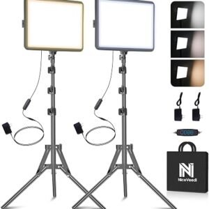 NiceVeedi 2-Pack Photography Lighting Kit, 25 * 20CM Dimmable15W LED Studio Video Light, Stream Selfie Light for Recording/Game Streaming/Camera Portrait, With 160CM Tripod (15w)
