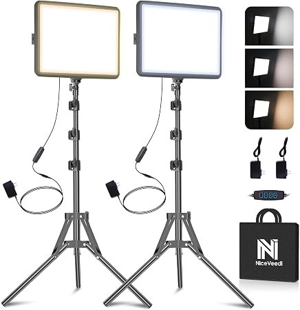 NiceVeedi 2-Pack Photography Lighting Kit, 25 * 20CM Dimmable15W LED Studio Video Light, Stream Selfie Light for Recording/Game Streaming/Camera Portrait, With 160CM Tripod (15w)