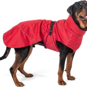 Bunty Giant Waterproof Dog Coat - Adjustable Fleece Lined Jacket with Reflective Piping | Harness Hole | Dog Raincoats Waterproof for All Breeds | Giant, 65cm, Red