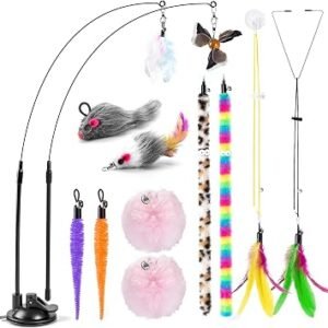 12PCS Interactive Cat Toys, Cat Feather Toy, 4-in-1 Cat Teaser Wand with Bells and Feather, for Indoor Cats Adult & Kitten