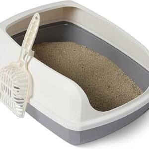 Amazon Basics Tall Open Top Cat Litter Tray Box with High Walls, Includes Scoop, Easy to Clean, White/Grey, 51x38x20cm, for Bigger Cats and Multi-Cat Households