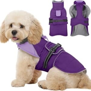 Kuoser Dog Warm Jacket Waterproof Reflective Dog Coat Fleece Lined, PurpleM | Dog Winter Coat Reflective for Medium Dogs with Harness Hole, Waterproof...