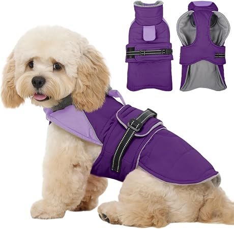Kuoser Dog Warm Jacket Waterproof Reflective Dog Coat Fleece Lined, PurpleM | Dog Winter Coat Reflective for Medium Dogs with Harness Hole, Waterproof...