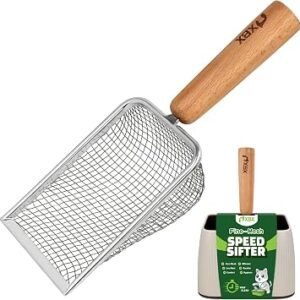 XBX Cat Litter Scoop with Holder ? Metal Mesh Litter Scooper, Wooden Handle Fine Litter Scoop with Small Holes for Litter Box, Efficient Sifting and Easy Cleaning