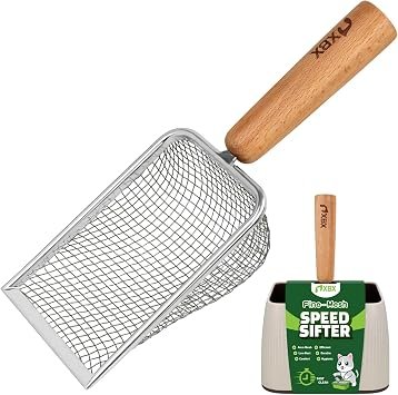 XBX Cat Litter Scoop with Holder ? Metal Mesh Litter Scooper, Wooden Handle Fine Litter Scoop with Small Holes for Litter Box, Efficient Sifting and Easy Cleaning
