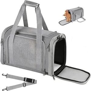 Soft Sided Cat Carrier, Pet Travel Bag, Collapsible Pet Carrier, Multi-Entry Design with Breathable Mesh & Padded Shoulder Strap for Cats/Dogs/Pets, up to 14.5 lbs (Grey)