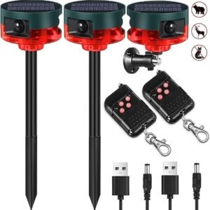 Qualirey 2 Pack Solar Outdoor Motion Sensor Alarm Motion Sensor Animal Deterrent Gunshot Sound Dog Barking Alarm for Home Security Support Recording 13 Kinds of Sound Strobe Light with USB(Red)