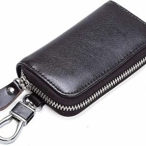 Leather Key Holder Wallet ? Multi-Functional Zipper Key Case with 6 Hooks, Card Slots & Keychain | Compact Car Key Organizer for Men & Women (Fashionable Design)