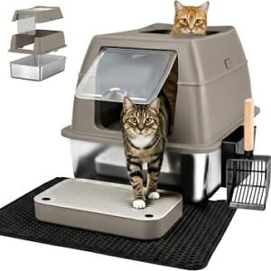 Stainless Steel Cat Litter Tray - Easy to clean - Non Stick Surface - Stainless Steel Litter Box - 38L Capacity - Odor Free Metal Litter Tray - With Scoop & Litter Mat - 23.6"? 15.7"?15.9" - Brown