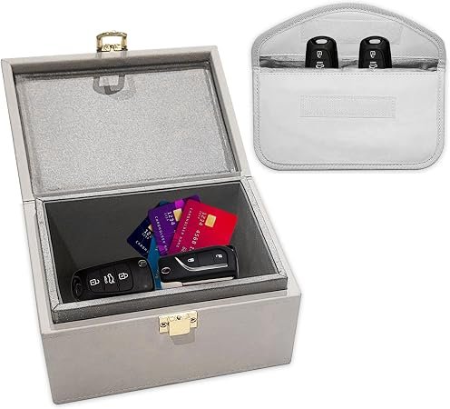 DCA Keyless Entry Faraday Box & Pouch Set ? Premium Anti-Theft Car Key Signal Blocker ? Double Layer Cream Set with Easy Access Phone & Key Pouch