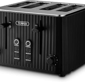Tower ECOFORM 900W 4 Slice Toaster, Made from Recycled Plastic, 6 Browning Levels, Independent Dial Controls, Defrost/Reheat/Cancel Functions, Self-Centring Function, Black, T20103BLK